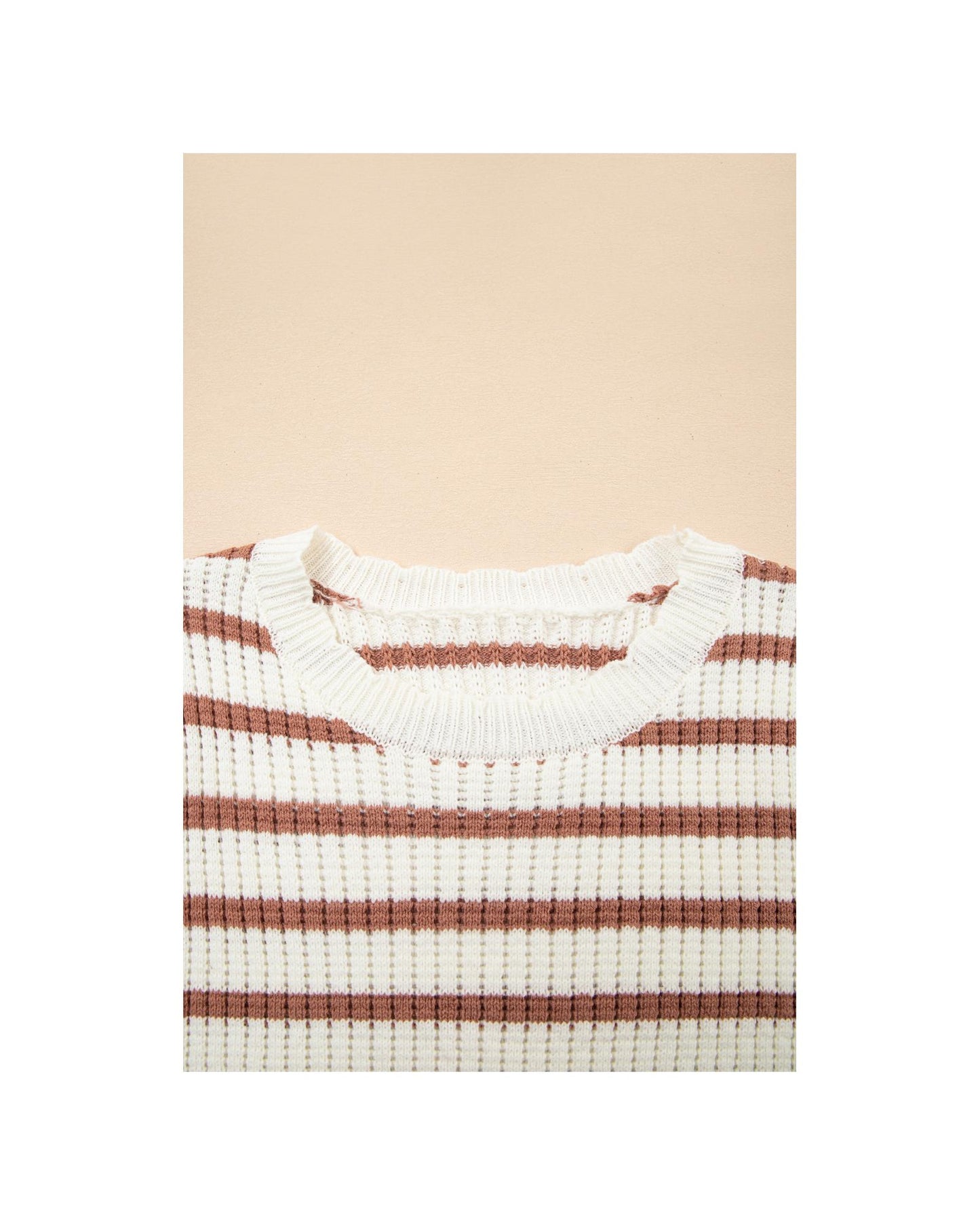 Khaki Stripe Scalloped Round Neck Short Sleeve Sweater - L
