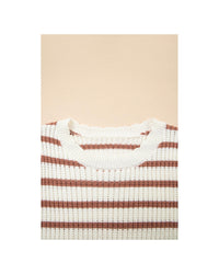 Khaki Stripe Scalloped Round Neck Short Sleeve Sweater - L