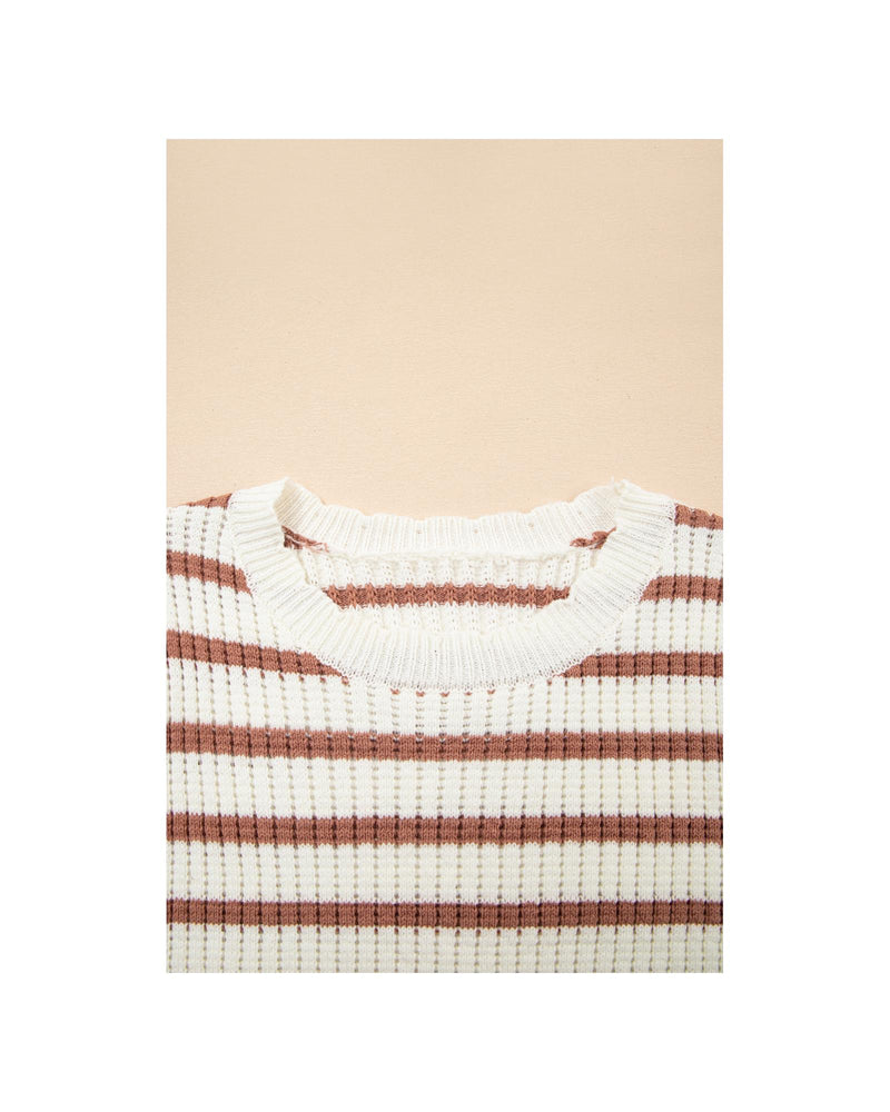 Khaki Stripe Scalloped Round Neck Short Sleeve Sweater - L