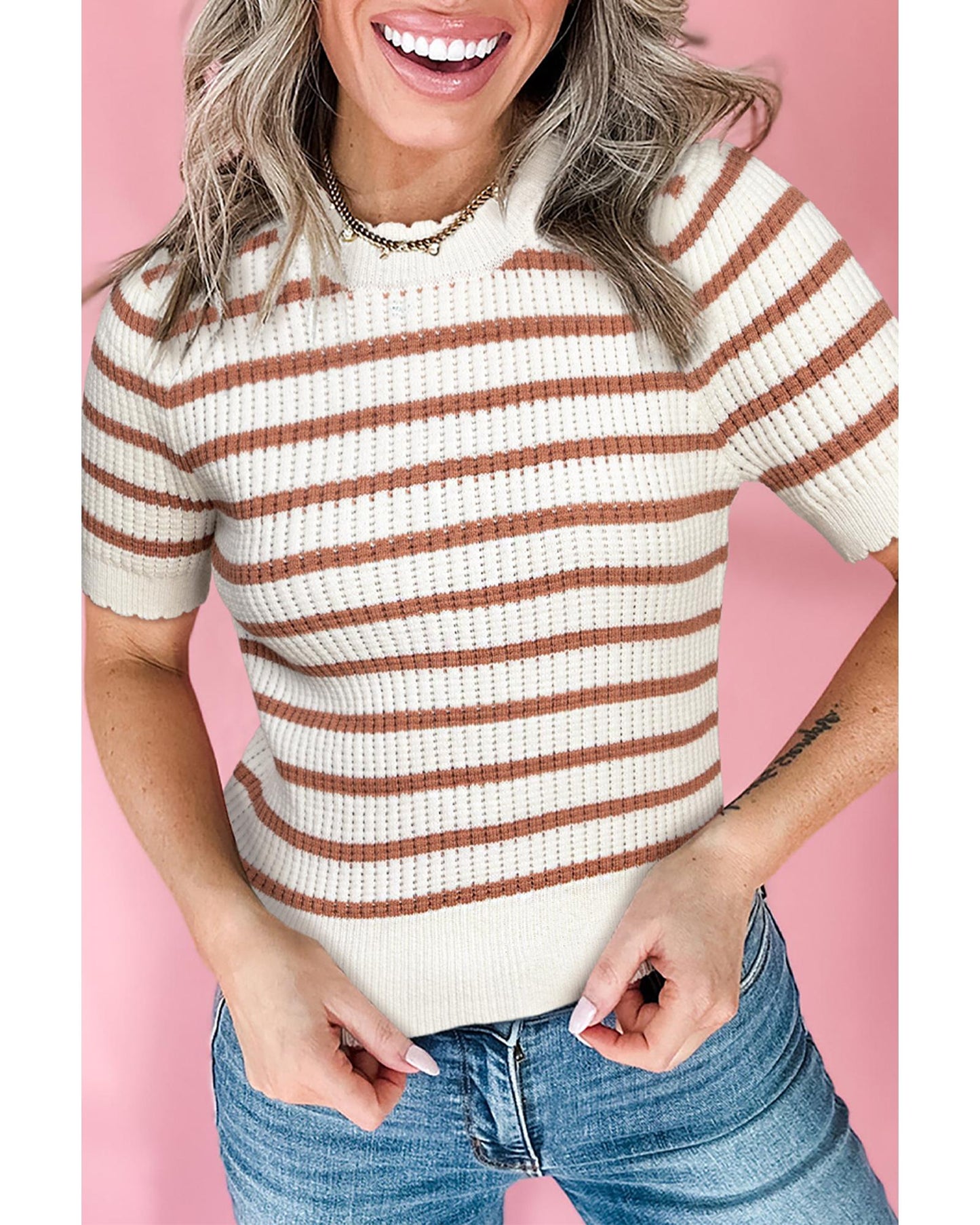 Khaki Stripe Scalloped Round Neck Short Sleeve Sweater - M