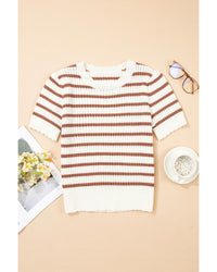 Khaki Stripe Scalloped Round Neck Short Sleeve Sweater - M