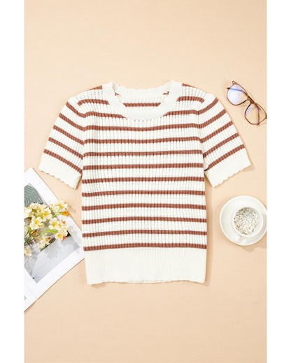 Khaki Stripe Scalloped Round Neck Short Sleeve Sweater - M