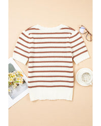 Khaki Stripe Scalloped Round Neck Short Sleeve Sweater - M