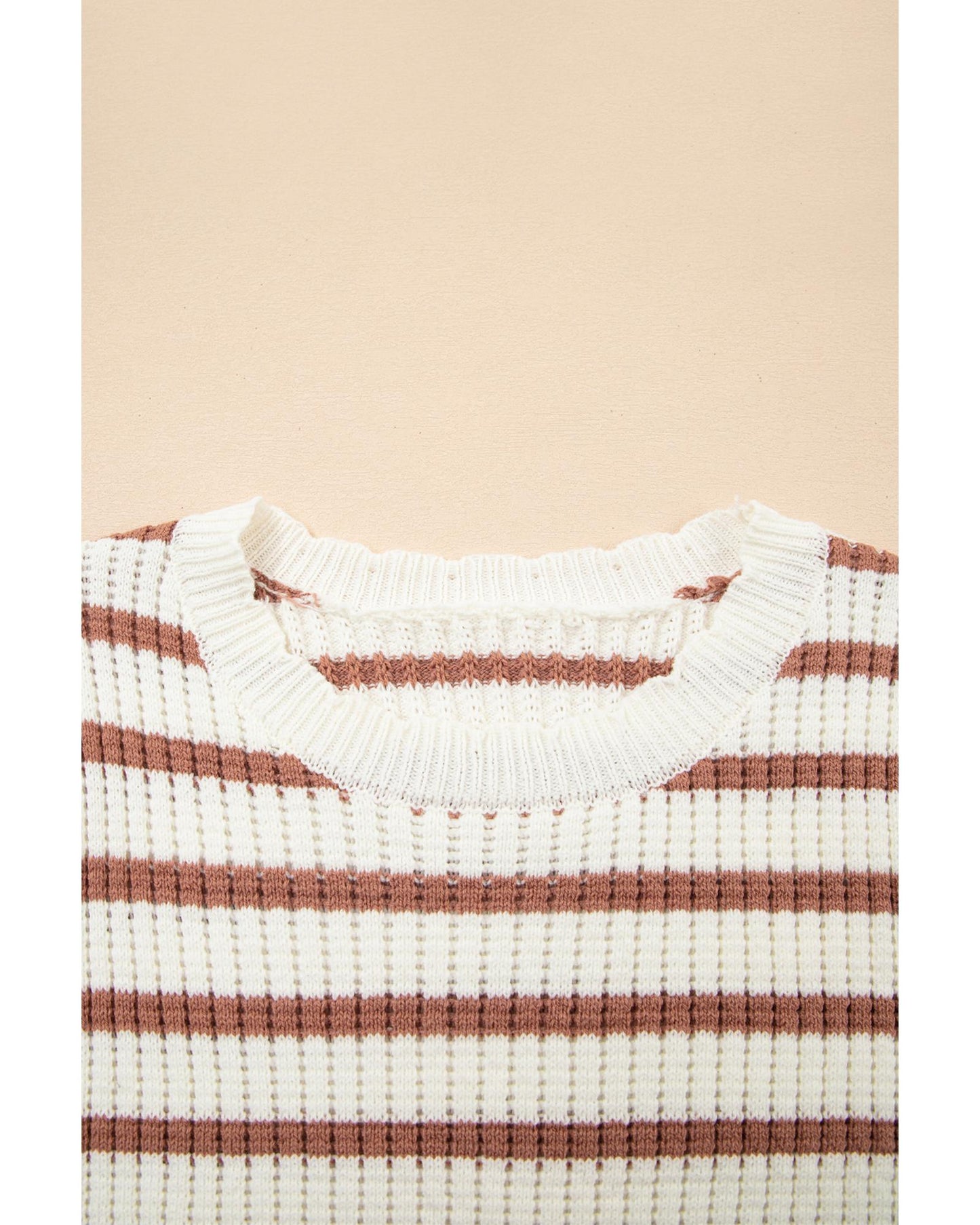 Khaki Stripe Scalloped Round Neck Short Sleeve Sweater - M