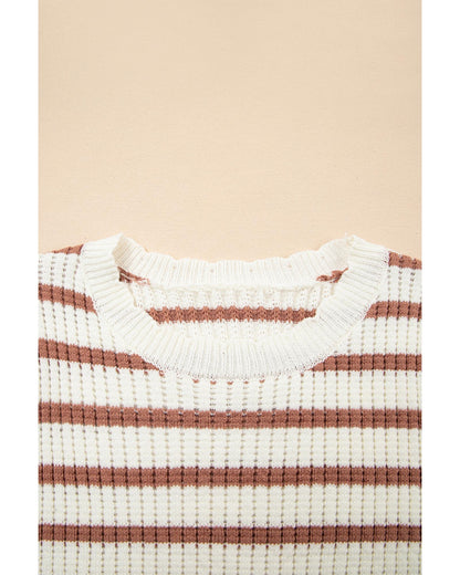 Khaki Stripe Scalloped Round Neck Short Sleeve Sweater - M