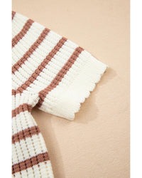 Khaki Stripe Scalloped Round Neck Short Sleeve Sweater - M