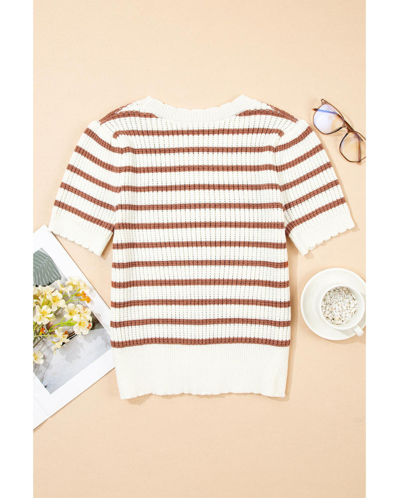 Khaki Stripe Scalloped Round Neck Short Sleeve Sweater - XL