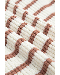 Khaki Stripe Scalloped Round Neck Short Sleeve Sweater - XL