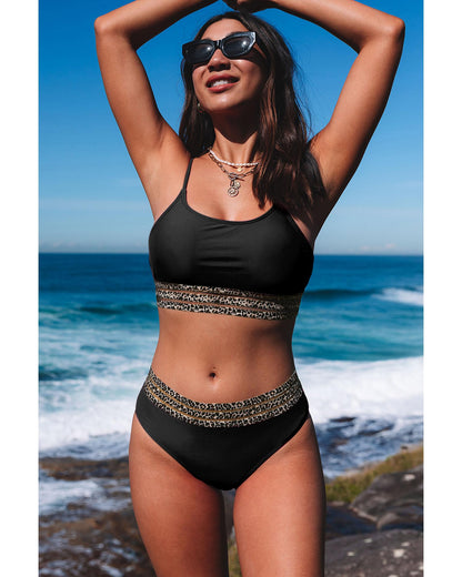 Azura Exchange Black Rose Leopard Mesh Trim 2pcs Bikini Swimsuit - L