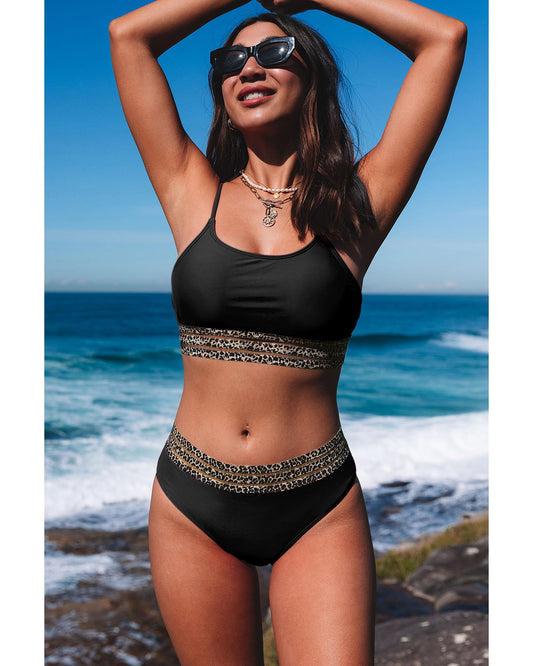 Azura Exchange Black Rose Leopard Mesh Trim 2pcs Bikini Swimsuit - L