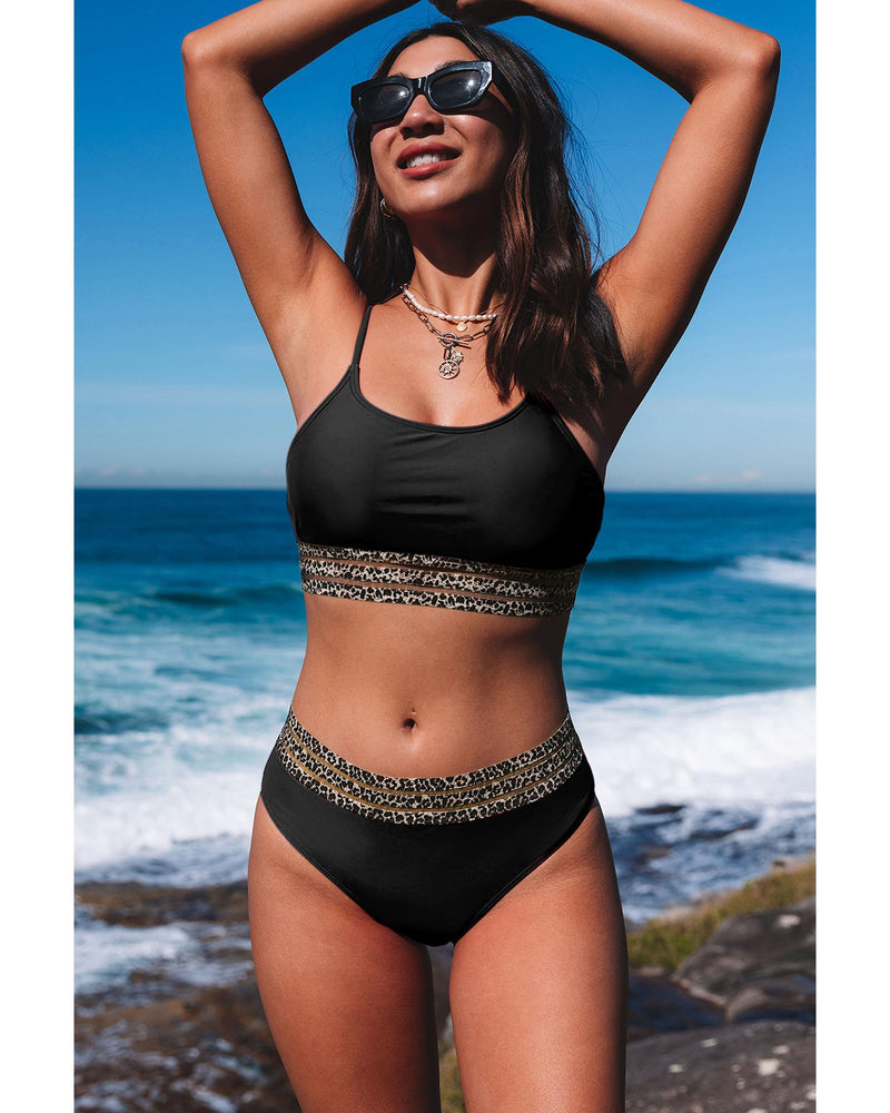 Azura Exchange Black Rose Leopard Mesh Trim 2pcs Bikini Swimsuit - L