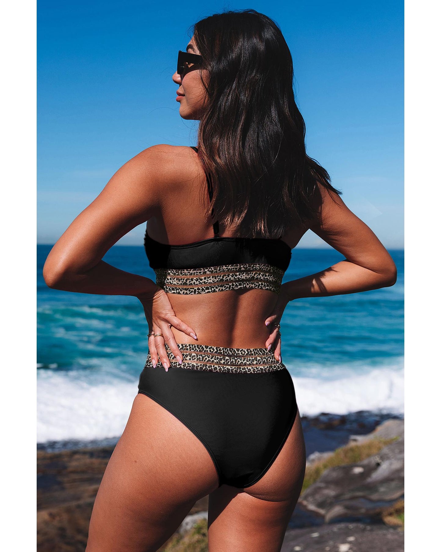 Azura Exchange Black Rose Leopard Mesh Trim 2pcs Bikini Swimsuit - L