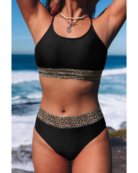 Azura Exchange Black Rose Leopard Mesh Trim 2pcs Bikini Swimsuit - L