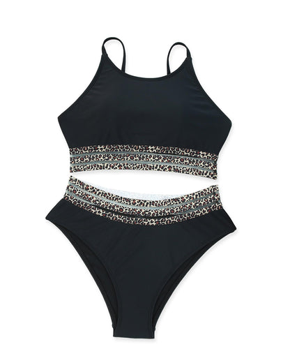 Azura Exchange Black Rose Leopard Mesh Trim 2pcs Bikini Swimsuit - L