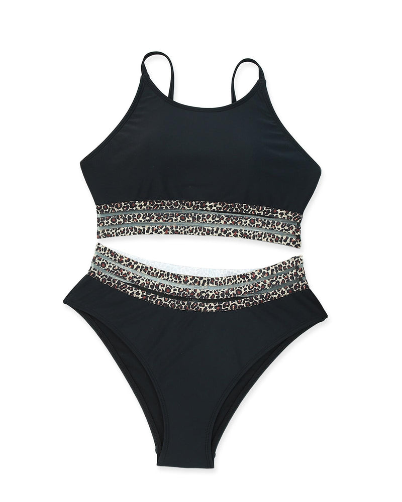 Azura Exchange Black Rose Leopard Mesh Trim 2pcs Bikini Swimsuit - L
