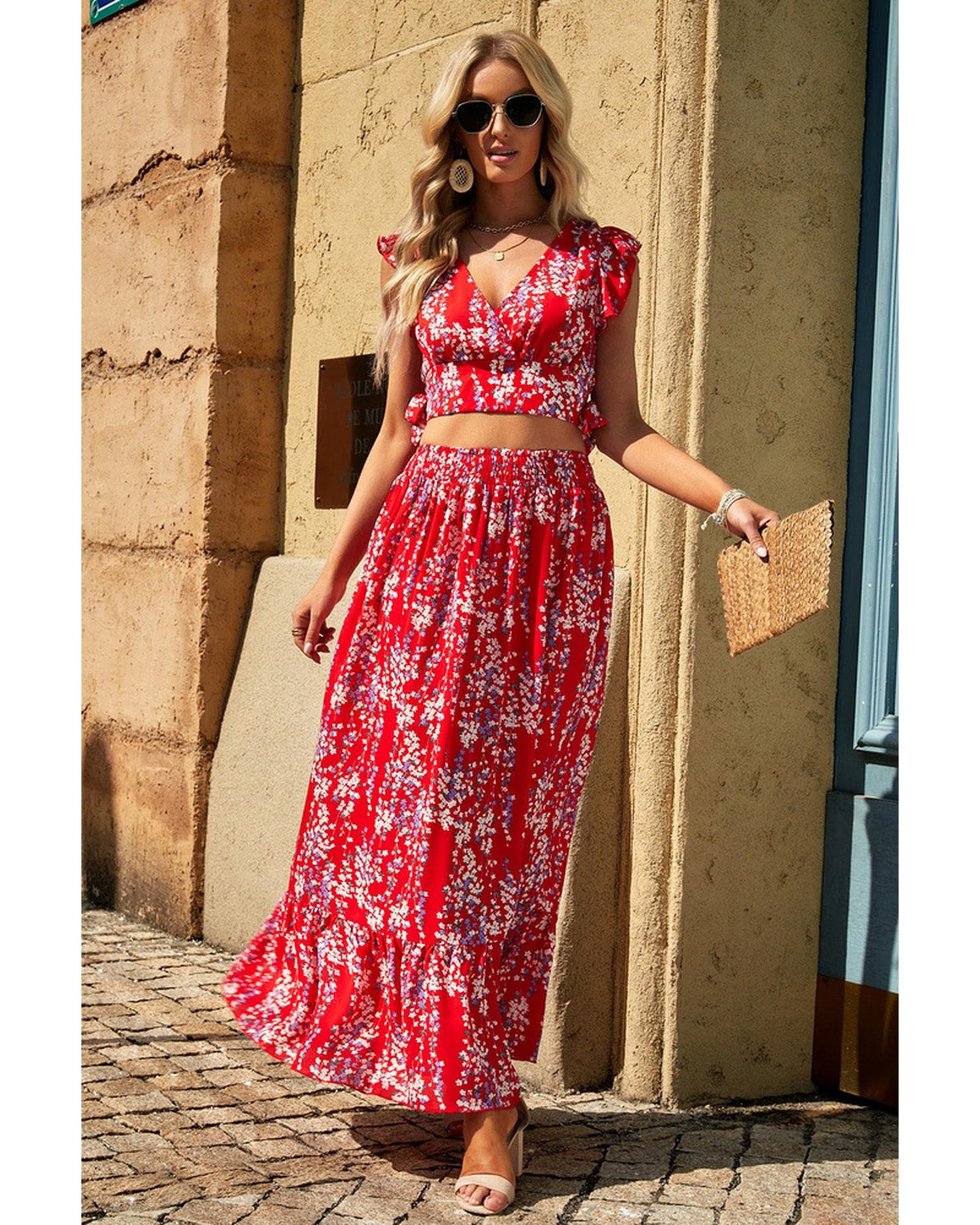 Azura Exchange Floral Ruffled Crop Top and Maxi Skirt Set - L