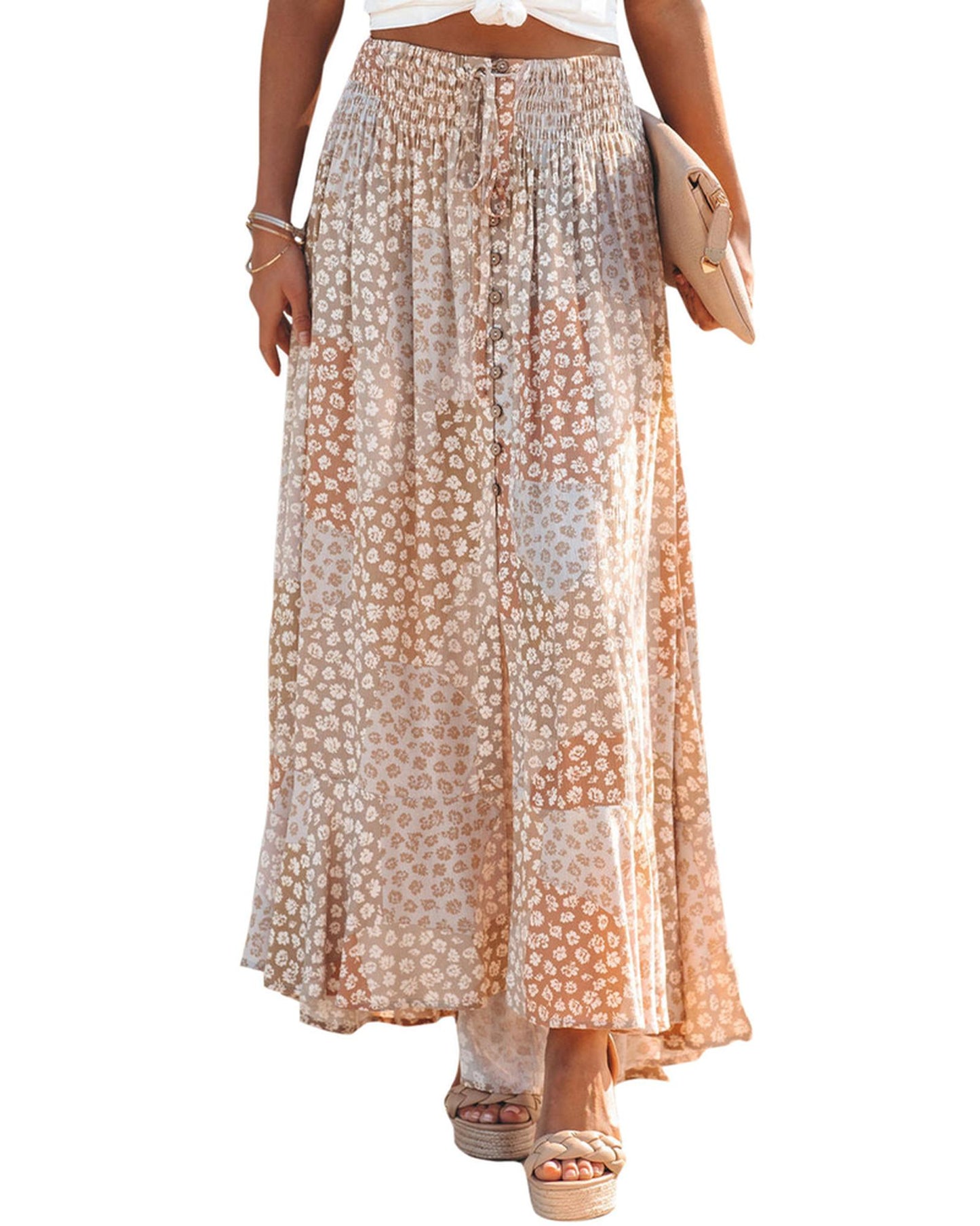 Azura Exchange Flower Print Maxi Skirt with Smocked Waist and Button Slit - S