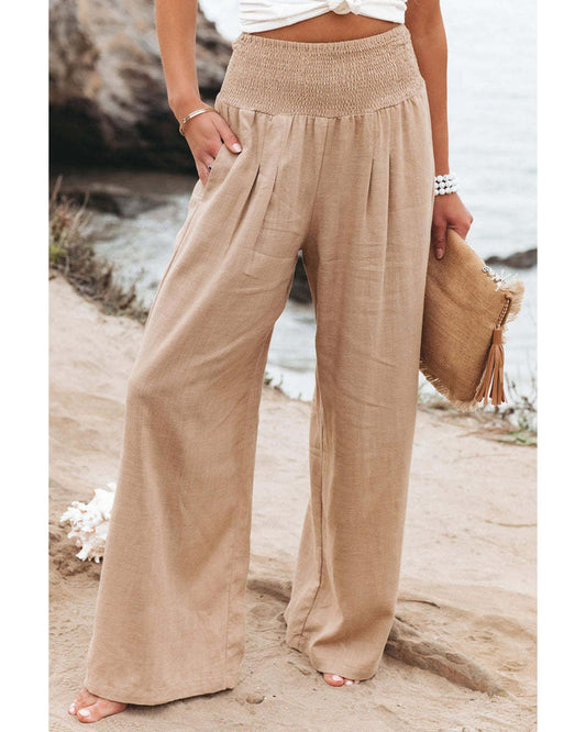 Azura Exchange Smocked High Waist Wide Leg Pants in Khaki - XL