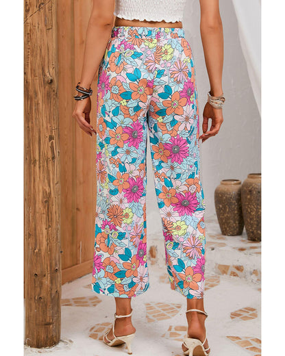 Azura Exchange Flower Print Pocketed Drawstring Waist Wide Leg Pants - L