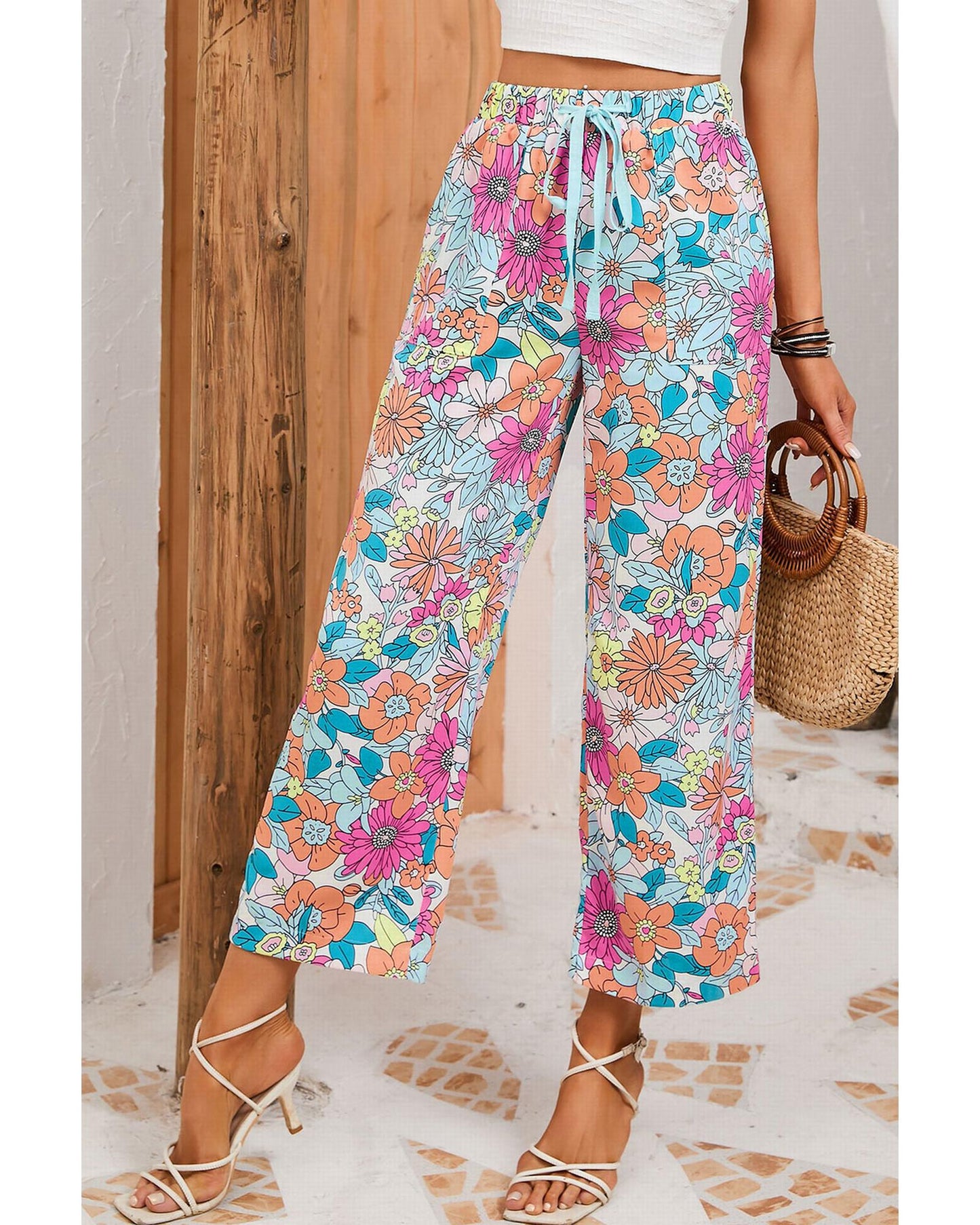 Azura Exchange Flower Print Pocketed Drawstring Waist Wide Leg Pants - L