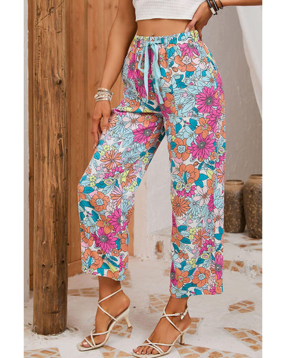 Azura Exchange Flower Print Pocketed Drawstring Waist Wide Leg Pants - L