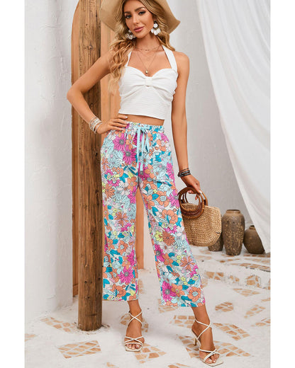 Azura Exchange Flower Print Pocketed Drawstring Waist Wide Leg Pants - L