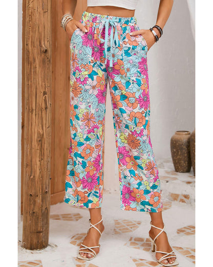 Azura Exchange Flower Print Pocketed Drawstring Waist Wide Leg Pants - M