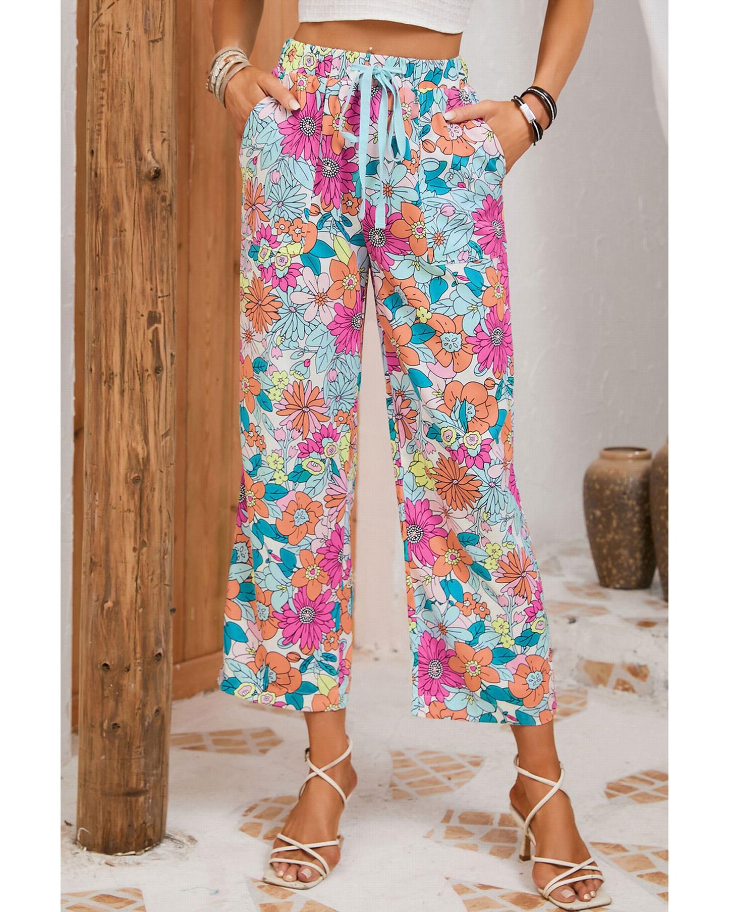 Azura Exchange Flower Print Pocketed Drawstring Waist Wide Leg Pants - S