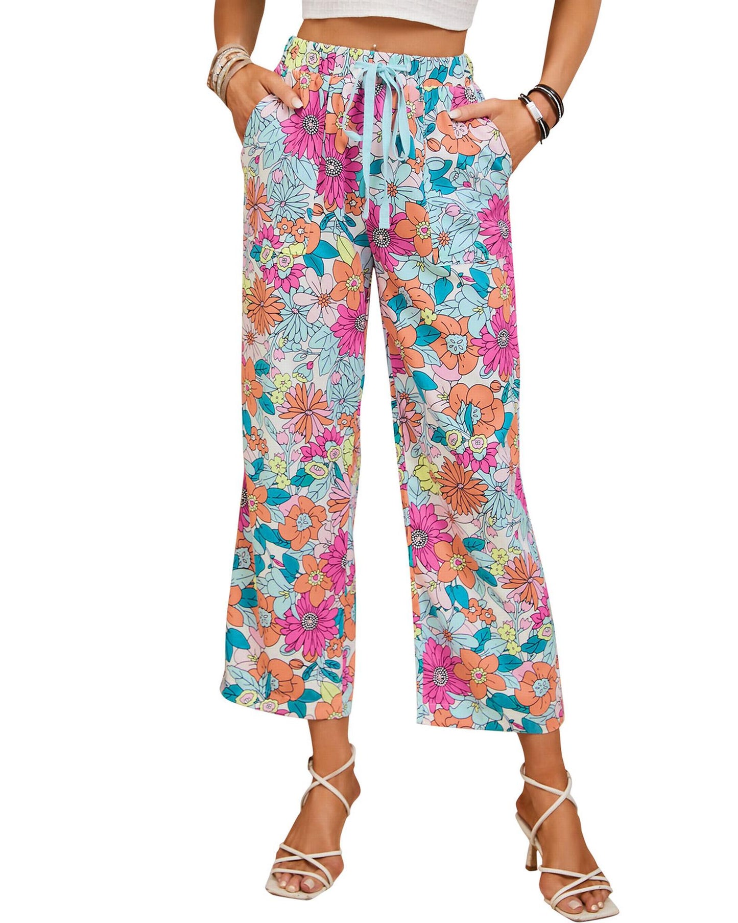 Azura Exchange Flower Print Pocketed Drawstring Waist Wide Leg Pants - S