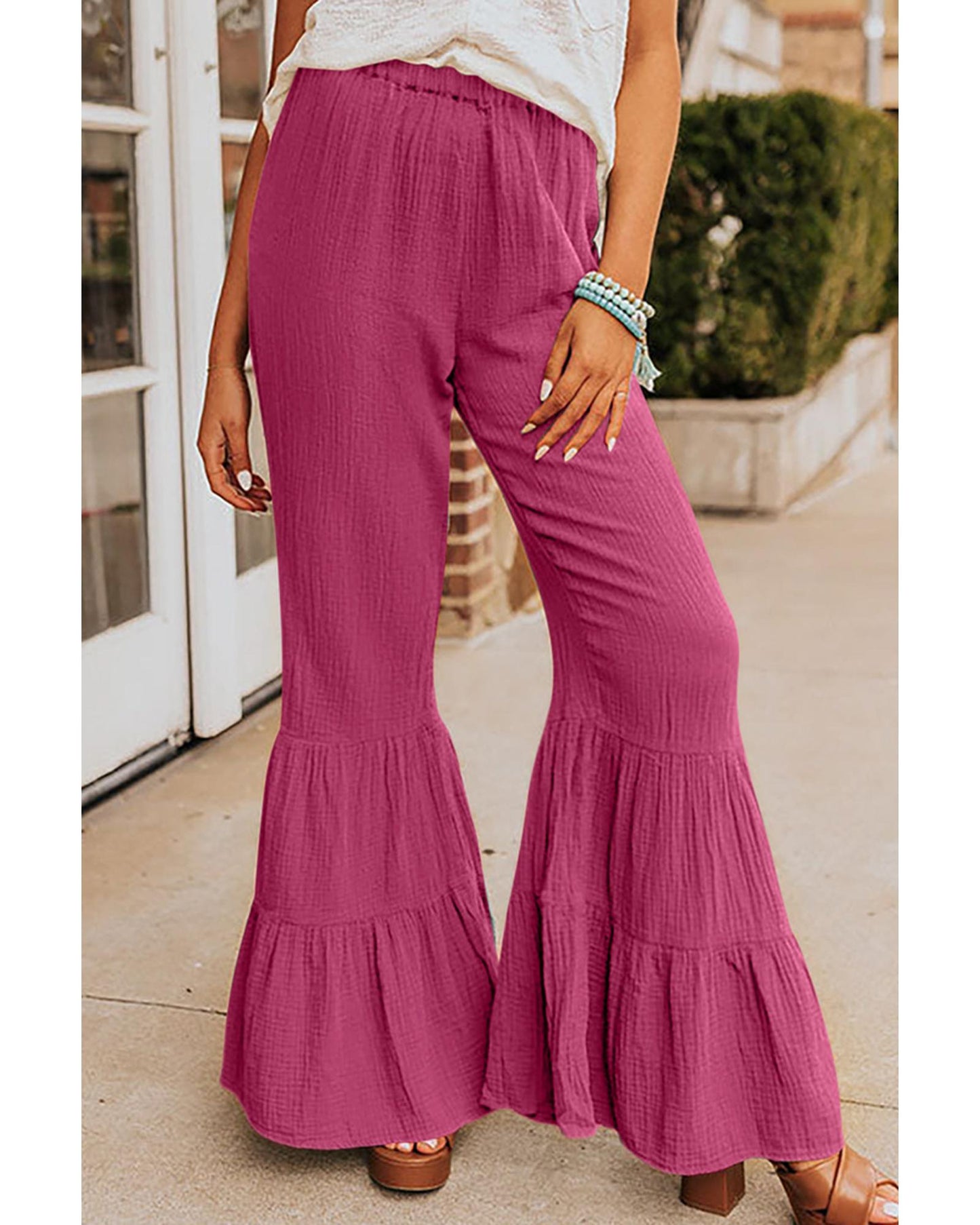 Azura Exchange Textured High Waist Ruffled Bell Bottom Pants - XL