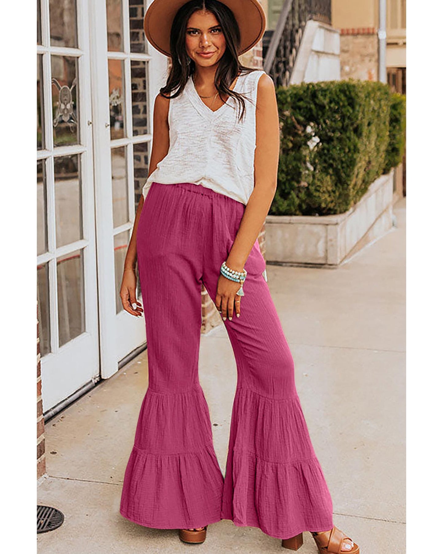 Azura Exchange Textured High Waist Ruffled Bell Bottom Pants - XL