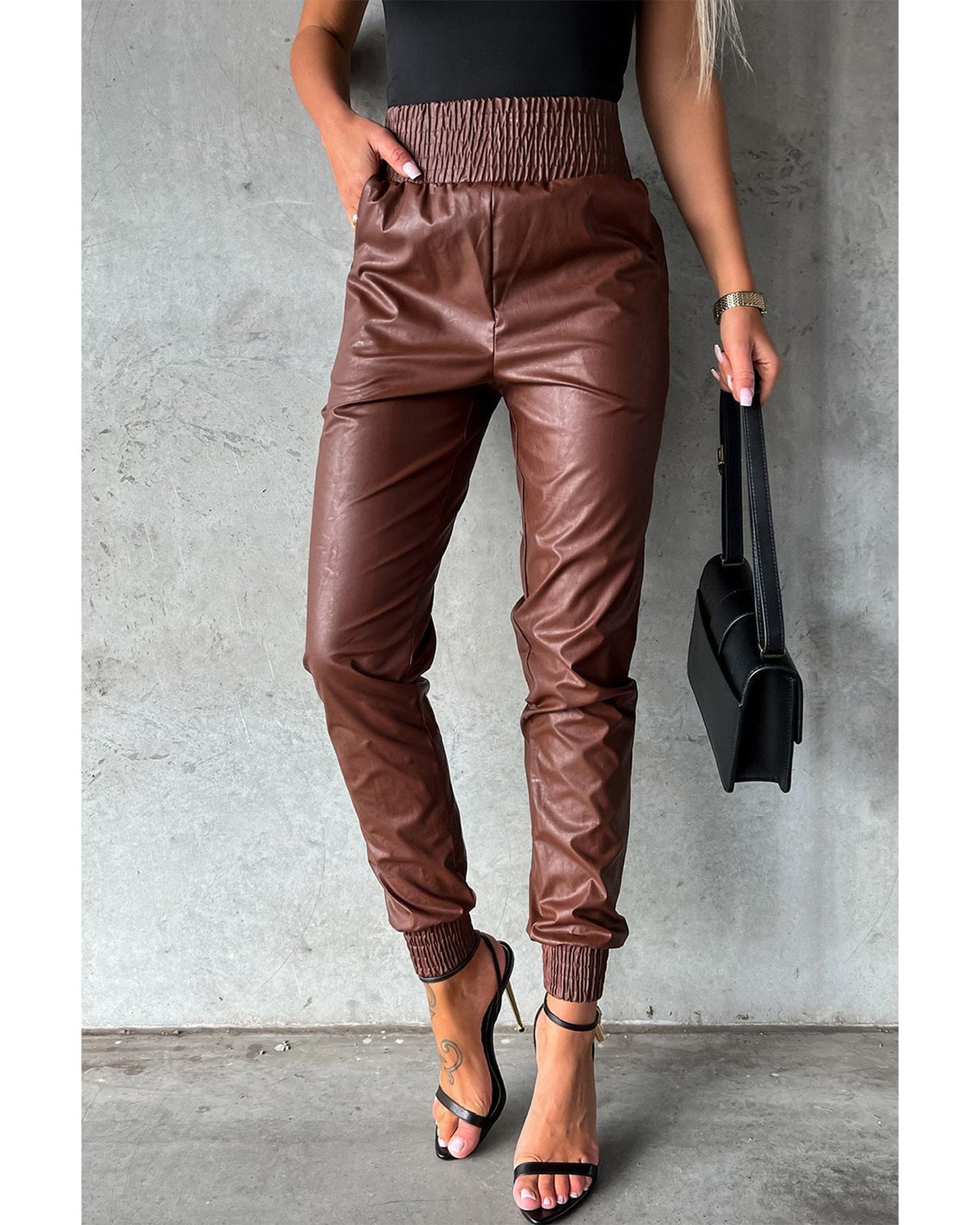 Azura Exchange Smocked High-Waist Leather Skinny Pants - L