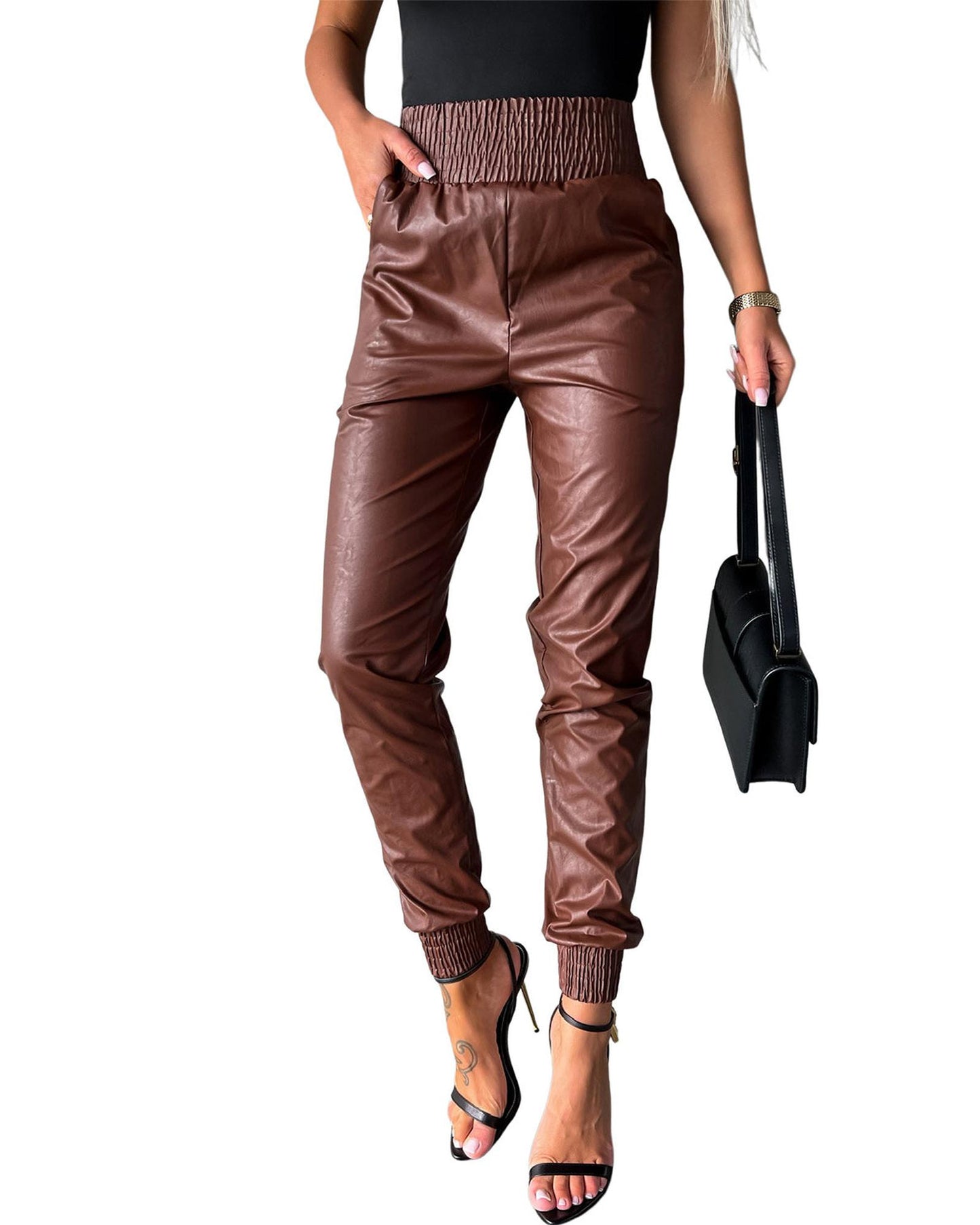 Azura Exchange Smocked High-Waist Leather Skinny Pants - L