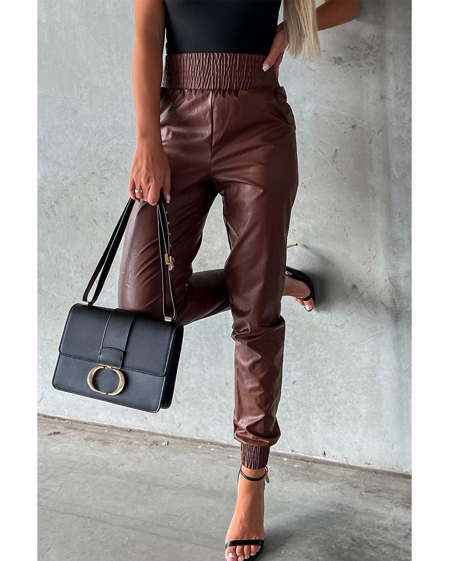 Azura Exchange Smocked High-Waist Leather Skinny Pants - M