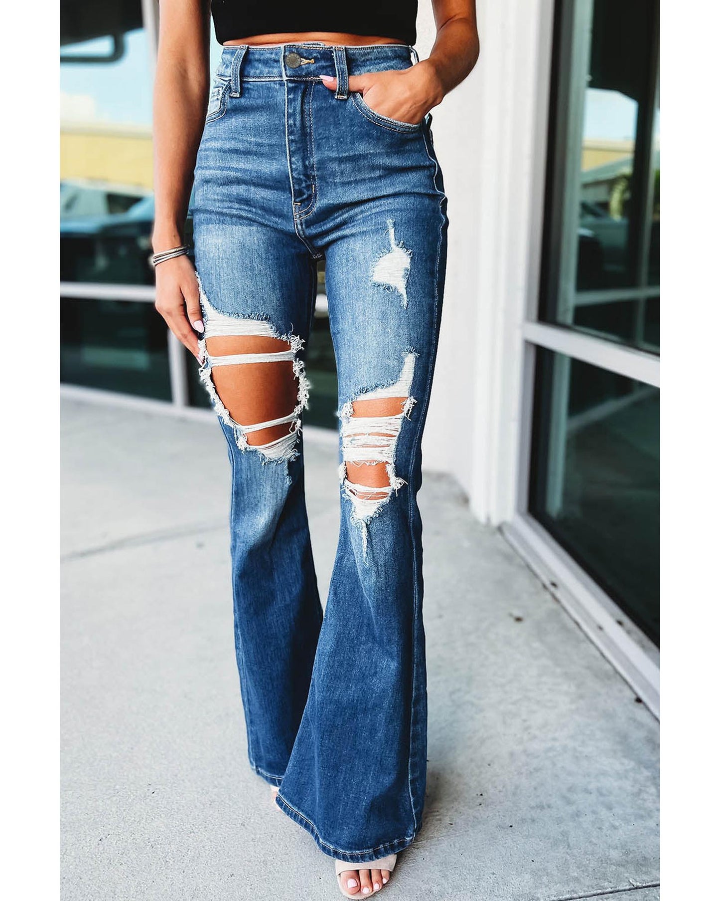 Azura Exchange Distressed Cutout Flare Leg Jeans - 10 US