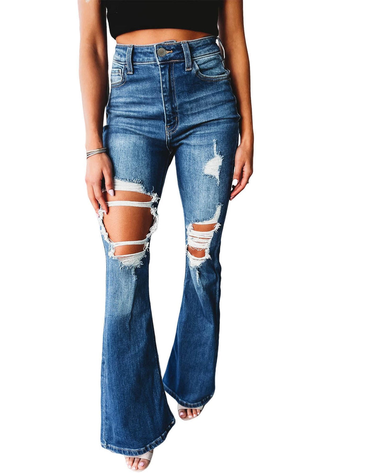 Azura Exchange Distressed Cutout Flare Leg Jeans - 6 US