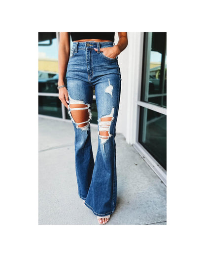 Azura Exchange Distressed Cutout Flare Leg Jeans - 6 US