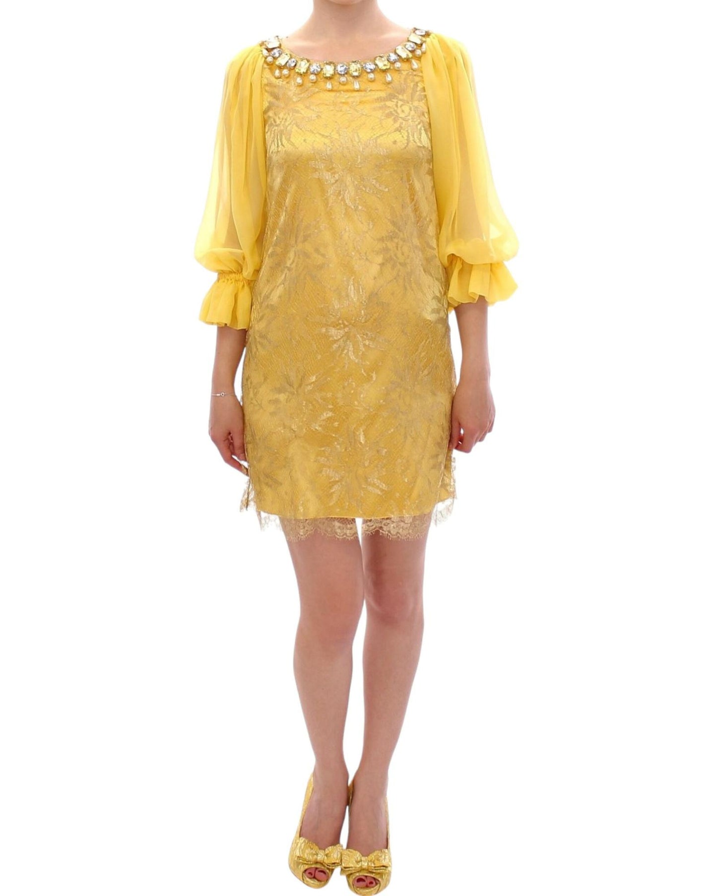 Yellow Lace Crystal Sheath Dress by Dolce & Gabbana 38 IT Women