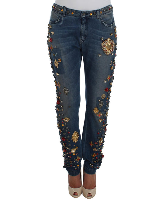 Enchanted Sicily Crystal Heart Roses Boyfriend Fit Jeans 40 IT Women