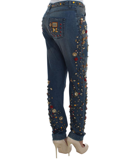 Enchanted Sicily Crystal Heart Roses Boyfriend Fit Jeans 40 IT Women