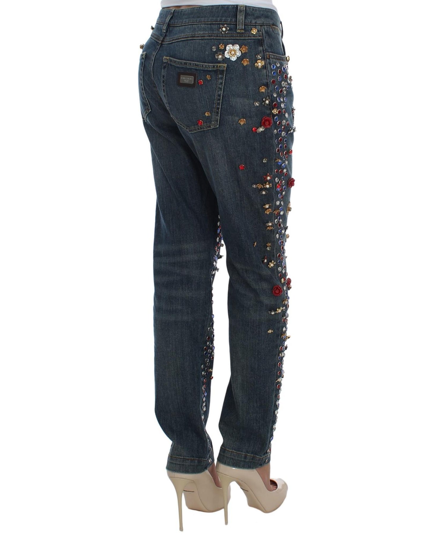 Blue Wash Crystal Heart Roses Embellished Enchanted Sicily Boyfriend Jeans 38 IT Women