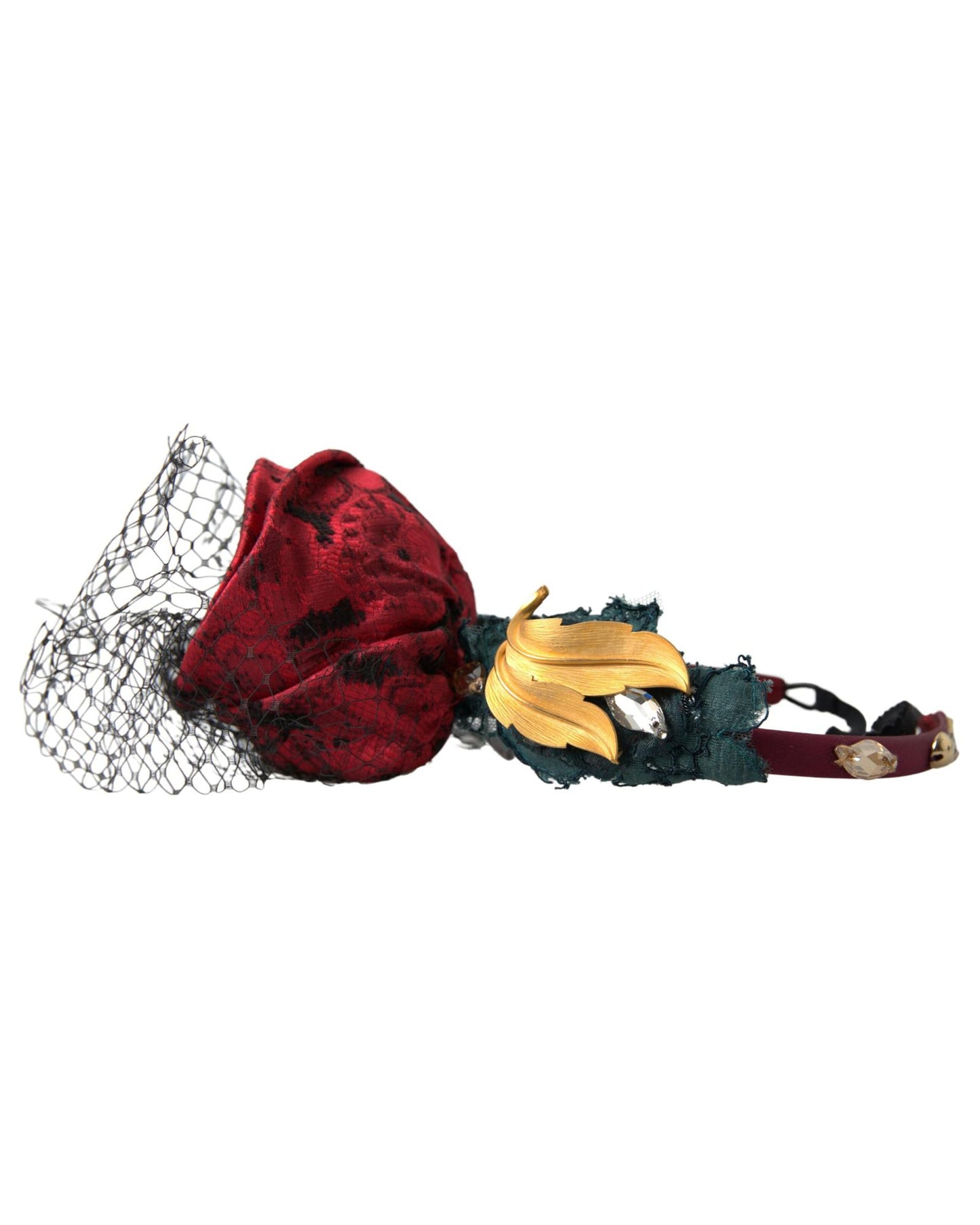 Dolce & Gabbana Women's Red with multicolor Rose Silk Crystal Netted Logo Diadem Headband - One Size