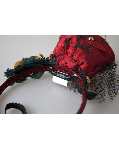 Dolce & Gabbana Women's Red with multicolor Rose Silk Crystal Netted Logo Diadem Headband - One Size