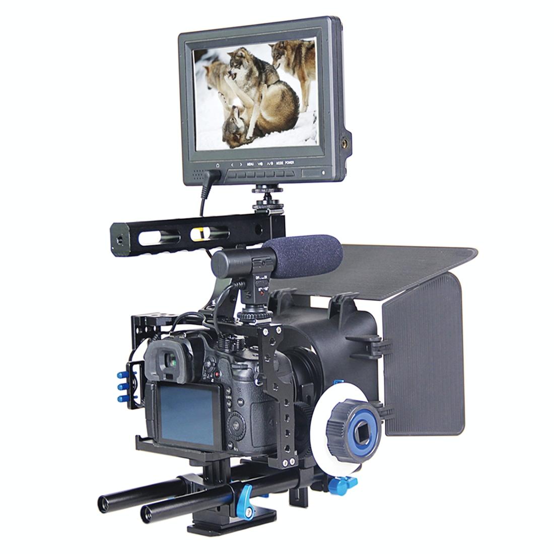 Video Camera Cage Stabilizer Kit With Matte Box & Follow Focus For Panasonic Lumix Dmc-Gh4 & G7 / Sony A7 Series