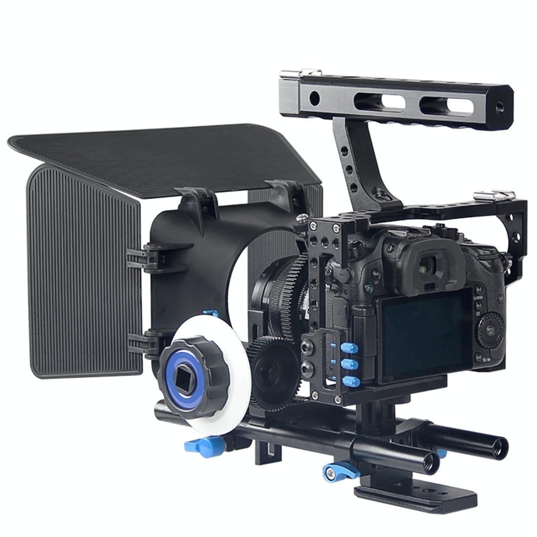 Video Camera Cage Stabilizer Kit With Matte Box & Follow Focus For Panasonic Lumix Dmc-Gh4 & G7 / Sony A7 Series