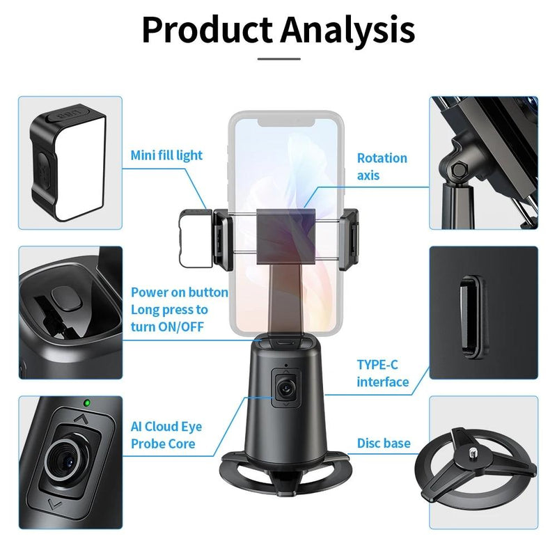 Auto Tracking Gimbal Stabilizer with Fill Light and Selfie Stick - 360 Degree Rotation - A200 Set 1