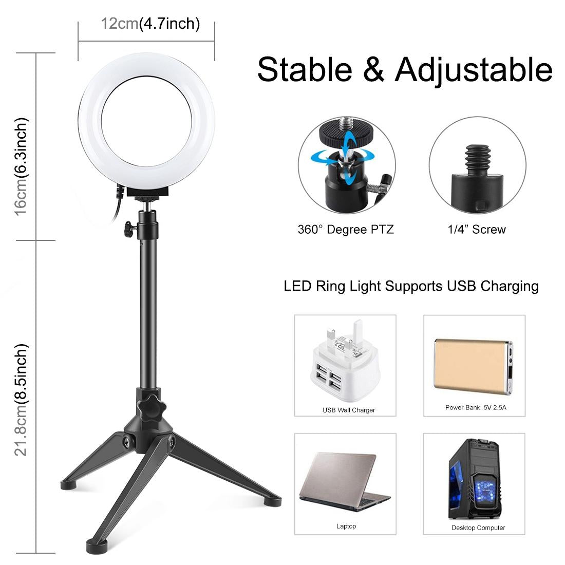 Usb 3 Modes Dimmable Led Ring Light with Tripod Holder and Cold Shoe Ball Head - 4.7 Inch Diameter