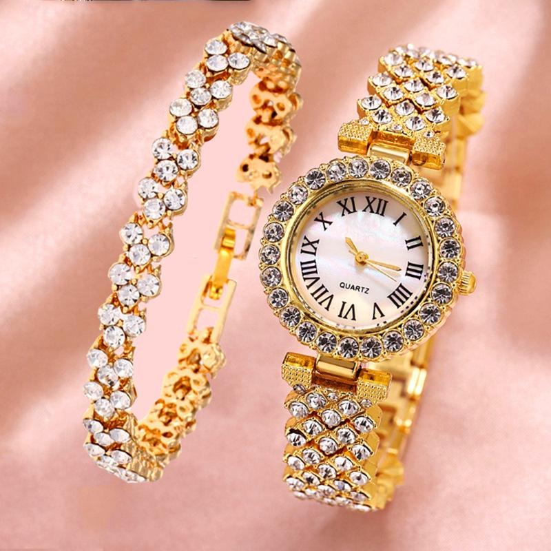 Gold Roman Diamond Watch & Bracelet Set For Women