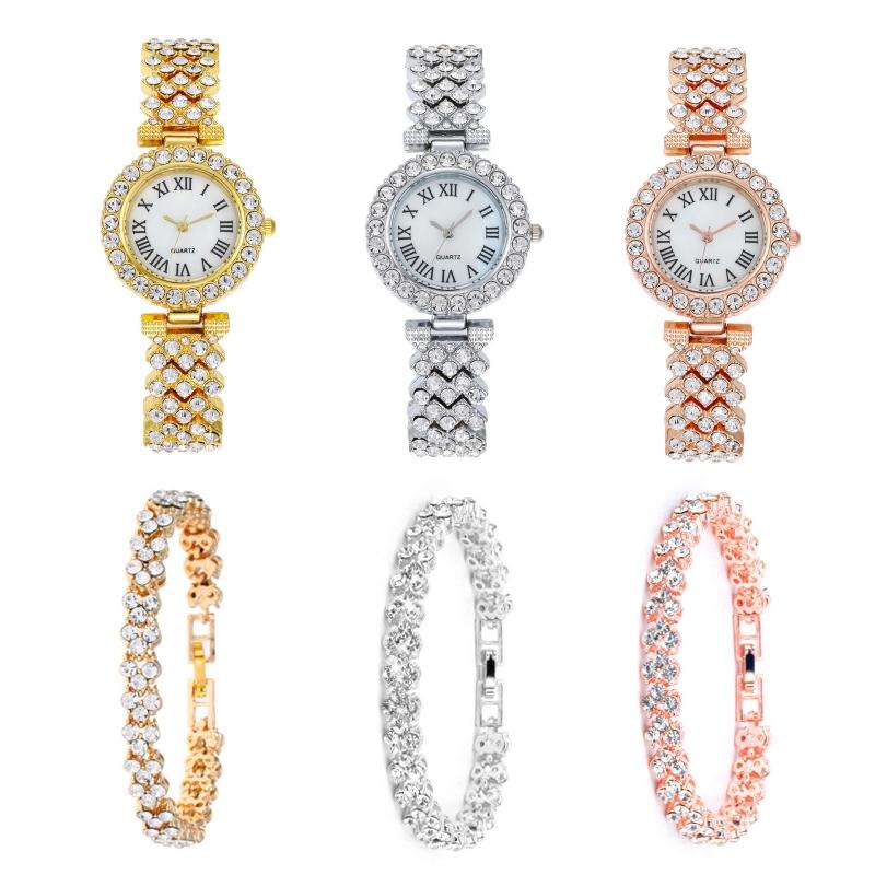 Gold Roman Diamond Watch & Bracelet Set For Women