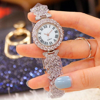 Gold Roman Diamond Watch & Bracelet Set For Women